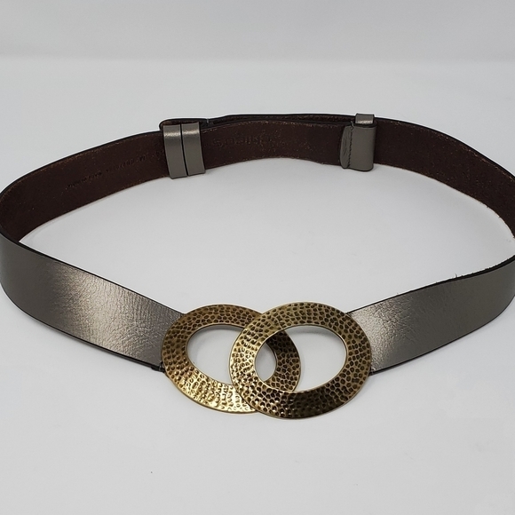 CHICOS ADJUSTABLE METALLIC WIDE LEATHER BELT DOUBLE HAMMERED METAL BUCKLE WOMEN - Picture 4 of 12